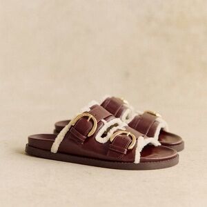 Sezane Lenny Low Mules Smooth Chocolate Brown with Shearling